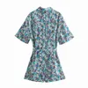 女性のファッション花柄プリントジャンプスーツビンテージボタン半袖プレイスーツダウンカラージャンプスーツレディース210520