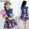 Meisjes Feestjurk Kinderkleding Zomer 2019 Nieuwe Meisjes Short-Mouwen Jeans Floral Pieced Chiffon Jurken Meisjes Jurken 2-9Y Q0716