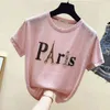 Ins Short Sleeve Paris Eiffel Tower Beaded Tshirt Summer Women Shinny Cotton O Necks Loose Casual Girls Tops Tees T13115X 210416