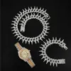 Hip Hop 25MM 3PCS KIT Heavy Watch+Thorns Necklace+Bracelet Bling Crystal AAA+ Iced Out Cuban Rhinestones Chains For Men Jewelry X0509