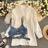 Zoete Koreaanse Mode Pak 2 Stuk Set Losse Blouse Shirt Bandage Cowboy Sling Vest Spring Clothes Ropa Mujer Twee Vrouwen 210514