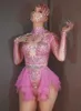 Moda Pembe Parti Bodysuit Kadınlar Elastik Tayt Örgü Ruffles Kristal Bodysuit Niğlub Dansçı Leotard Sahne Kıyafetler 210728