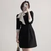 Ezgaga Koreański elegancki elegancki kontrast biurowy pani sukienka wstążka łuk trzy czwarte rękaw Slim czarny wysoki talia kobiety sukienki 210430