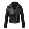 Femmes avec ceinture Biker veste en cuir mode printemps automne noir court Faux manteaux dames fermeture éclair Moto survêtement Femme 210525