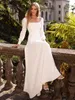 2022 A Line Wedding Dresses Long Sleeve Beach Satin Country Garden Boho Scoop Neckline Buttons Covered Back Long Robe de soriee