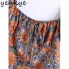 Vintage Floral Print Dress Women Sexy Square Neck Puff Sleeve High Waist Sundress Female A-line Mini Summer Casual 210430