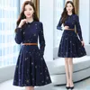 Przypadkowe sukienki niebieski Midi Szyfonowe Kobiety Drukuj Dress Z Pasem Jesień Spring Runway 2021 Y2K Koreański Wróżka Z Długim Rękawem Rocznika Elegancka impreza