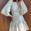 Femme robe croix Spaghetti col en v Vintage robes lanterne manches automne floral imprimé élégant robe femme hiver 210603