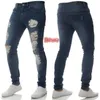 Män Jeans Ripped Hole Slim Fit Casual Mens Steet Wear Distressed Penna Byxor Svart Ljus Blå Denim Trousers Full Length Pant 211008