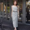 Women Summer Elegant 2 Pieces Sexy V-neck Strap Tank Tops + Bodycon Split Skirt Set Female Office Ladies Two-pieces Suits 210416