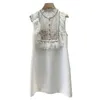 우아한 여름 드레스 여성용 스탠드 칼라 민소매 패치 워크 레이스 화이트 빈티지 미니 드레스 여성 패션 의류 210531