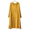 Johnature Women Hooded Cotton Linen Dresses Long Sleeve Kangaroo Pocket Vintage Robes Spring Solid Color Female Dress 210521