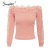 Sexy fuera del hombro encaje casual rosa jumper pullovers mujeres trabajo primavera elegante amarillo suéteres 210414