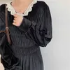 AELEGANTMIS кружевной отделкой Французское бархатное платье женщин элегантный старинный осень женский черный фонарик рукав ретро плиссированный Vestido 210607