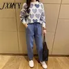 JXMYY Fashion Love Printed Knitted Two Peice Suit Women Long Sleeve Sweater Tops And Solid Colors Casual Pants Female Suit 211116