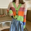 Ezgaga Tender Rainbow Pull Femmes Stripe Mode Coréenne Col En V À Manches Longues Crop Tops Sweet Girl Tricoté Cardigan Femme Casual 210430