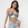 Scollo a V Sexy riflettente Laser Crop Top Backless Holographic Bralette Strap Camis Fashion Summer Party Club Short 210517