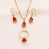 Gota de agua Conjunto de joyas de cristal rojo Colgante Collar Pendientes Anillo 24k Oro sólido fino GF cz Gran rectángulo Gema con canal