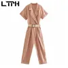 tooling style suit collar Jumpsuits women vintage high waist sashes Cotton linen Rompers casual jumpsuit Summer 210427