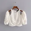 Mulheres vintage elegante sólido curto blusas de oco v pescoço manga longa branca estilo francês camisas femininas chic colheita tops moda 210422