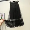 Broderi Lace Splice Midi Mesh Kjol Kvinnor Elastisk Hög Midja Pläterad Vår Sommar Chic Lång Tulle Ins Tutu Femme 210421