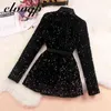 Fashion Women Shiny Sequins Suit Jacket Female Double-breasted Office Work Coat Slim Fit Blazers Autumn Clothes With Belt 211029