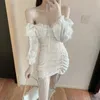 Retro Lacing Up Ruched Package hips Lace Short Dress White Women Sexy Strappy Draped Hem Long Leg sleeve Mesh Mini Dresses 210429