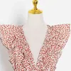 Vintage Asymmetrical Print Dresses V Neck Butterfly Short Sleeve High Waist Cascading Ruffle Summer Dress Women 210520