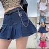 Saia Plissada Verão 2021 Harajuku Gótico Punk Denim Mini Saia Senhoras Alto Cintura Calça Calças Suras Saia Mulheres Ruffles Sexy Clubwear X0428