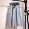 Midi Knee Length Summer Skirt Women With Belt Spring Casual Cotton Solid High Waist Sun School Female 210421