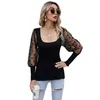 Summer Women Tulle Patchwork Polka Dot T-shirt Long Sleeve Square Neck Female Tee Shirt Solid Color Knit Ladies Tops 210608