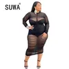 Doorzien door mesh alle zwarte sexy feestjurken tweedelige set vrouwen groothandel plus size kleding lange mouw jurk + bodysuit 210525