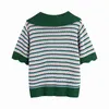 Women's Green Striped Knitted T Shirt Jewelry Buttons Slim Ladies Lapel Short Sleeve T-Shirt Fashion Knit Top 210521