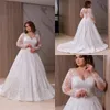 Plus Size 2021 A Line Wedding Dresses Bridal Gowns V Neck Long Sleeve Lace Appliqued Sweep Train Vestidos De Novia