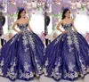 Sparkly Navy Marinho Escuro Lantejoulas Satin Quinceanera Vestidos de Prom Bola Champagne Floral Applique Beading Strapless Lace-Up Voltar Sweet 16 Vestido Prom Long