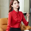 Professional Temperament Red Long Sleeve Shirt Women Autumn Bow Tie Fashion Chiffon Blouses Office Ladies Work Tops 210604