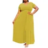 Robes décontractées grande taille femmes africaines jaune solide taille haute étage longueur col en V 2021 été longue robe grande vente en gros