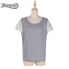 O-Neck Hollow Out Lace Sleeve Grey T Shirt Kobiety Letni Arrival Krótkie Tee Tops Kobieta Casual T-shirt 210510