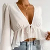 flare рукав белый шифон блузка рубашки женщины осень зима v шеи rush pelpum sheer blouse cross tops tail передняя вершина 210415