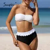 Bikini Off épaule maillots de bain femme taille haute maillot de bain femmes Ruffle 2 pièces ensemble Color block maillot de bain 210414