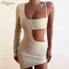 Summer Nude Bodycon Club Bandage Dress Feminine Hollow Mini Long Sleeve One Shoulder Celebrity Party 210525