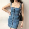 Mulheres Denim Vestido Verão Único-Breasted Bodycon Vestidos Curtos Senhoras Sexy Spaghetti Strap Blue Mini Jean 210525