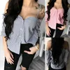 Kvinnor damer sommar långärmad blus modebandskjorta lös sexig av axelknappen Casual Stripe Blouse Toppar SHIRT S -XL H1230