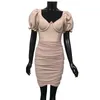 women's autumn bandage dress sexy v-neck puff sleeves slim fit hip khaki dress fashion party club mini dress 210625