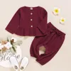 Clothing Sets Born Outfits Baby Girls Autumn Winter Solid Button Linen O-Neck Pullover Tops+Lacing Pants For Kid