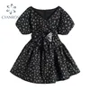 Festa Francesa Preto Mini Dress Mulheres Romântica Floral Impressão Puff Manga Curta Vintage Vestidos Elegant Cintura Alta BANDAGE VESTIDOS 210417