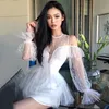 Casual Dresses Evening Party Women White See Through Hollow Out Lace Bodycon Dress Sexy Flared Long Sleeve Ruffled Mini Female Summer