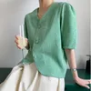 Women Green Daliy Linen Blusas Elegant Blouse V-neck Short Puff Sleeve Loose Shirt Fashion Summer 16W882 210510