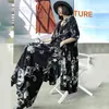[EAM] Szerokie spodnie nóg drukowane Dwuczęściowy garnitur V-Neck Długi rękaw Czarny Luźny Fit Kobiety Moda Wiosna Jesień 1DD8419 21512