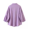 Camicette da donna eleganti con ricamo floreale Camicetta elegante con maniche a lanterna Camicetta viola Camicia con colletto rovesciato retrò Top Blusas 210414